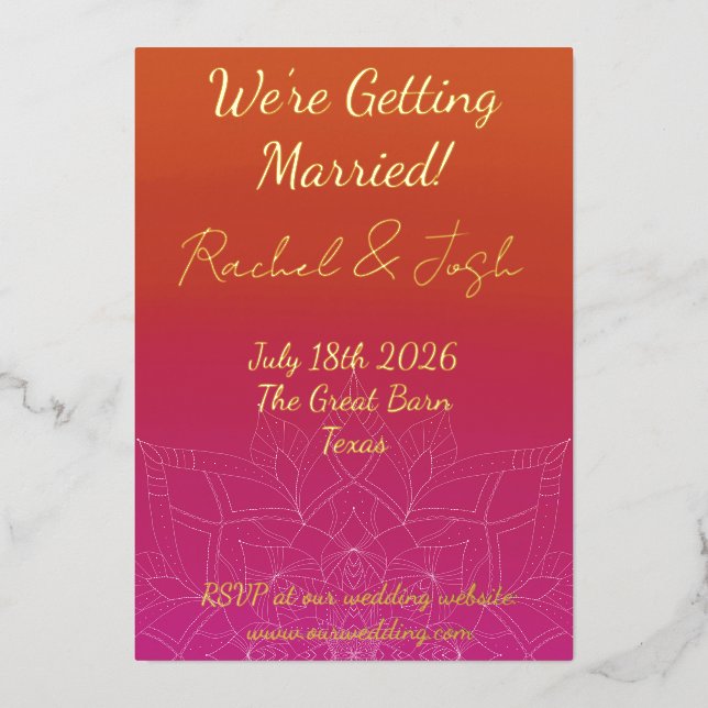 Pink & Orange Bright Ombre Mandala Wedding Folieneinladung (Vorderseite)