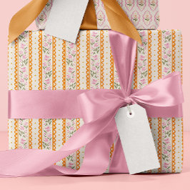 Pink Orange Dainty Floral Stripes Patterned Geschenkpapier