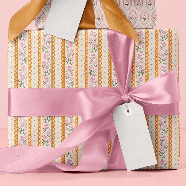 Pink Orange Dainty Floral Stripes Patterned Geschenkpapier (Pretty vintage style pink floral striped wrapping paper roll with orange scallops and yellow dots)