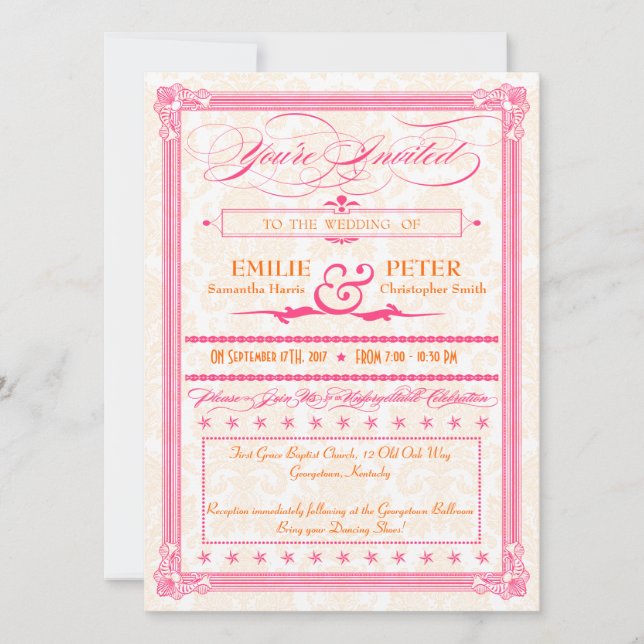 Pink & Orange Damask Poster-Style Hochzeit einlade Einladung (Vorderseite)