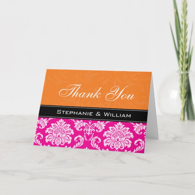 Pink Orange Damask Wedding Danke Karten (Vorderseite)