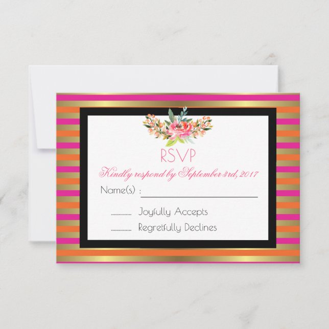 Pink, Orange & Faux Metallic Gold Stripes RSVP (Devant)