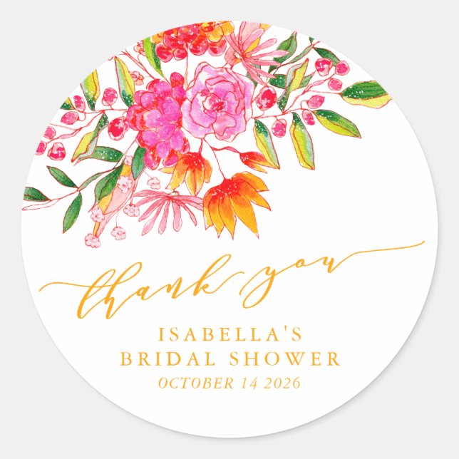 Pink Orange Floral Custom Brautparty Vielen Dank Runder Aufkleber (Vorderseite)