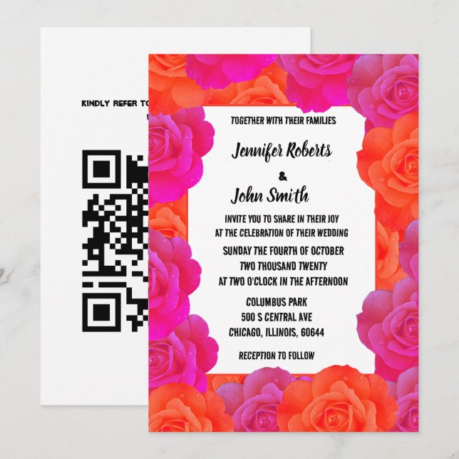 Pink Orange Floral QR Rose Muster Hochzeiten Einladung (Vorne/Hinten)