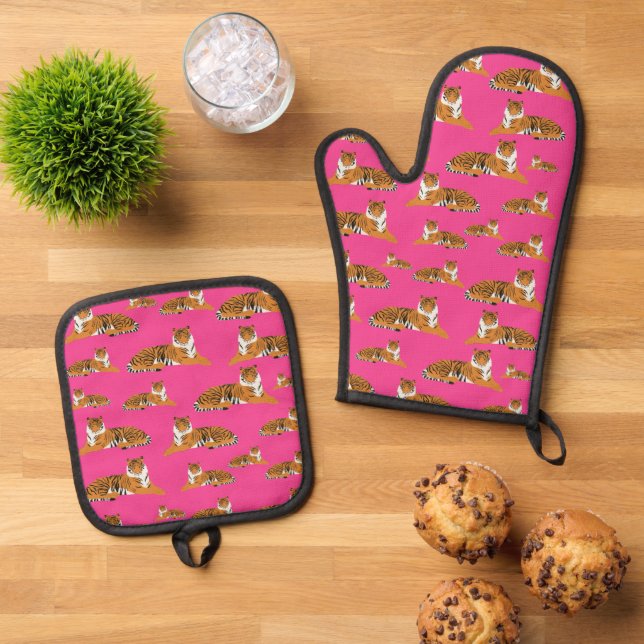 Pink Orange Jungle Tiger Tiermuster Ofenhandschuh & Topflappen-Set (Oben Unten)