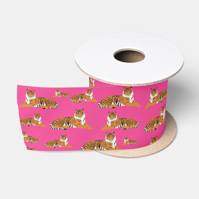 Pink Orange Jungle Tiger Tiermuster Satinband (Spule)