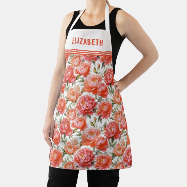 Pink Orange Peonys Blumenmuster | Personalisiert Schürze (InSitu)