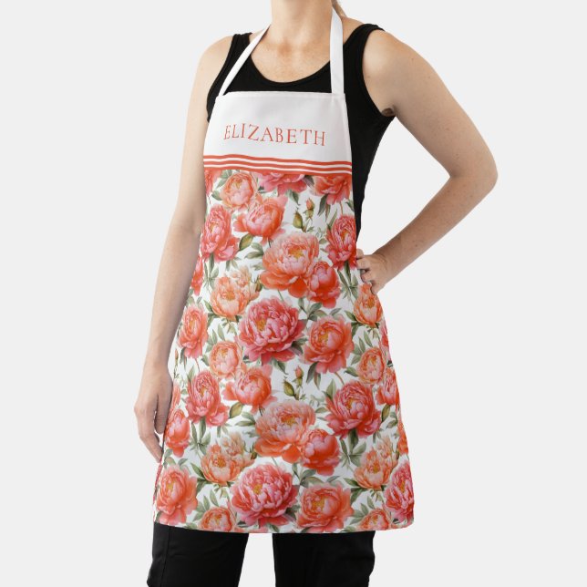 Pink Orange Peonys Blumenmuster | Personalisiert Schürze (InSitu)