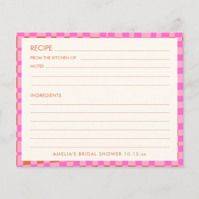 Pink Orange Personalized Bridal Shower Recipe Card (Vorderseite)