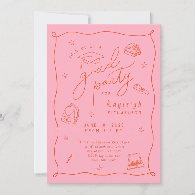 Pink Orange Photo Main Tirée Grad Party Invitation (Devant)