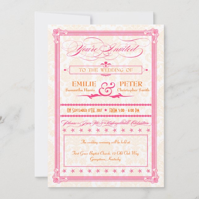 Pink & Orange Poster Style Wedding Invitation (Devant)