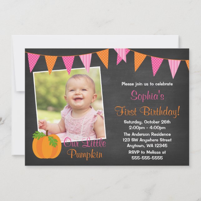 Pink Orange Pumpkin Chalkboard Girl Foto Geburtsta Einladung (Vorderseite)
