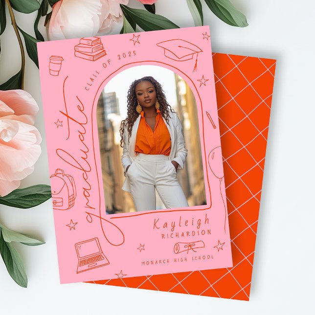 Pink Orange Retro Faire-part de graduation photo (Shown on a 5" x 7" announcement card - front & back)