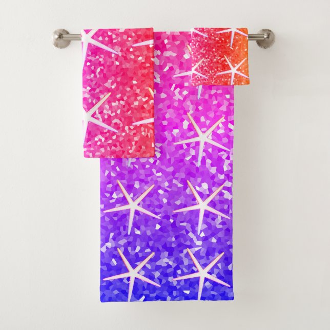 Pink Orange Sparkle Glittery Starfish Patterns Badhandtuch Set (Insitu)