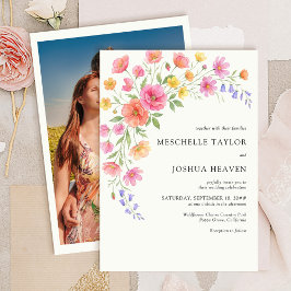 Pink Orange Watercolor Floral Photo Wedding Einladung