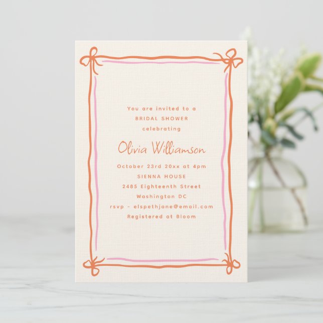 Pink Orange Whimsical Ribbon Bow Bridal Shower Einladung (Stehend Vorderseite)