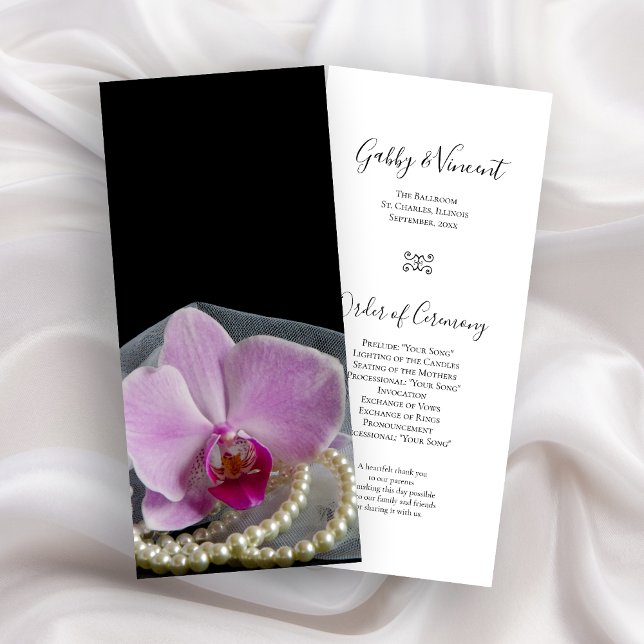 Pink Orchid and Pearls on Black Wedding Program Programm (Von Creator hochgeladen)