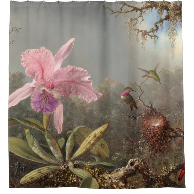 Pink Orchid And Three Hummingbirds Duschvorhang (Vorderseite)