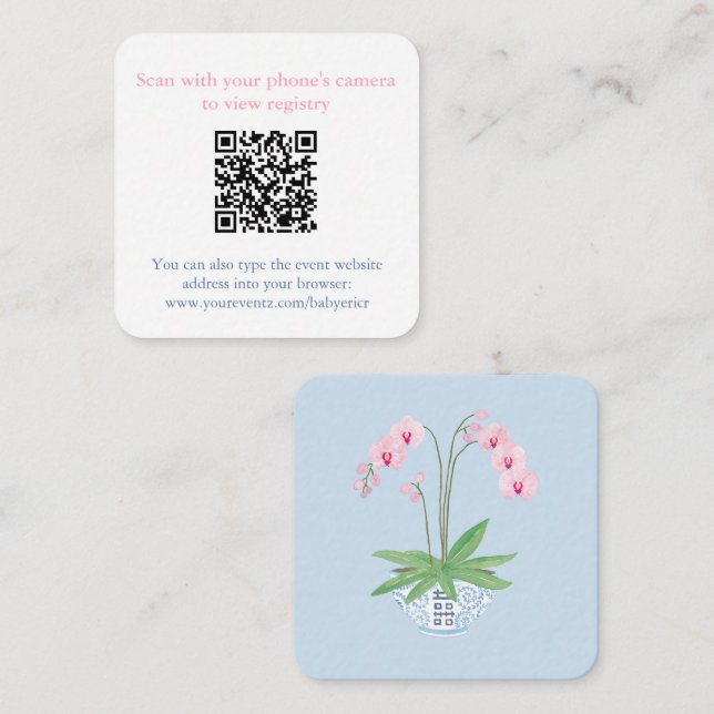 Pink Orchid Chinoiserie Chic Baby Dusche QR Code Begleitkarte (Vorne/Hinten)