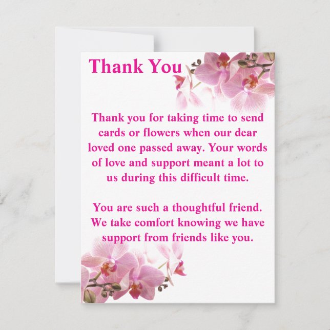 Pink Orchid Floral Funeral Sympathy Dankeskarte (Vorderseite)