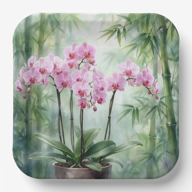 Pink Orchid Plant On Bamboo Background Pappteller (Vorderseite)