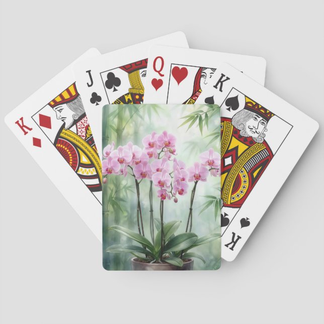 Pink Orchid Plant On Bamboo Background Spielkarten (Rückseite)