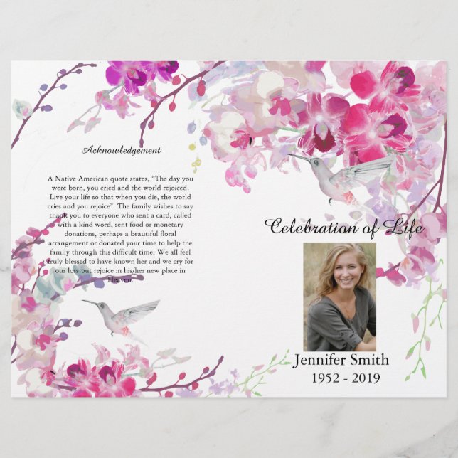 Pink Orchids Hummingbird Beerdigung Programm Flyer (Vorne)