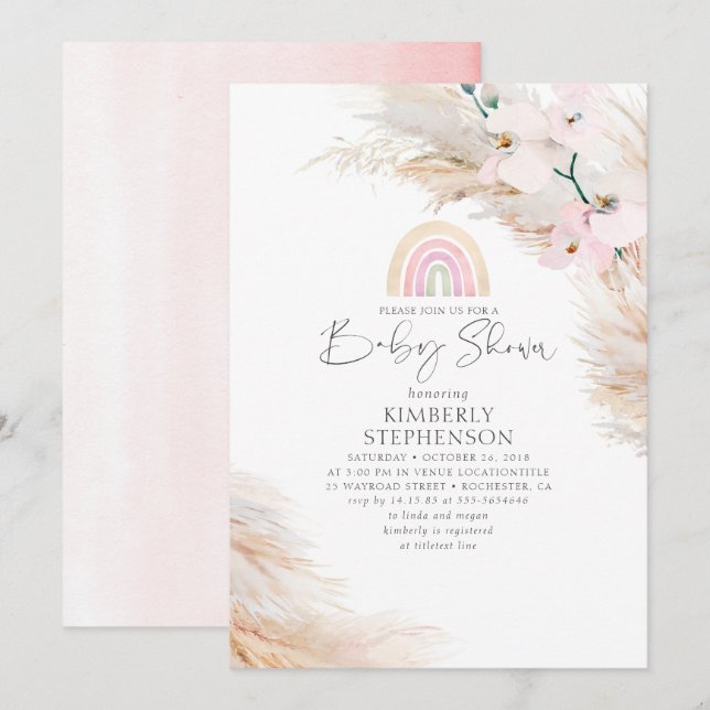 Pink Orchids Pampas Grass Rainbow Baby Dusche Einladung (Vorne/Hinten)