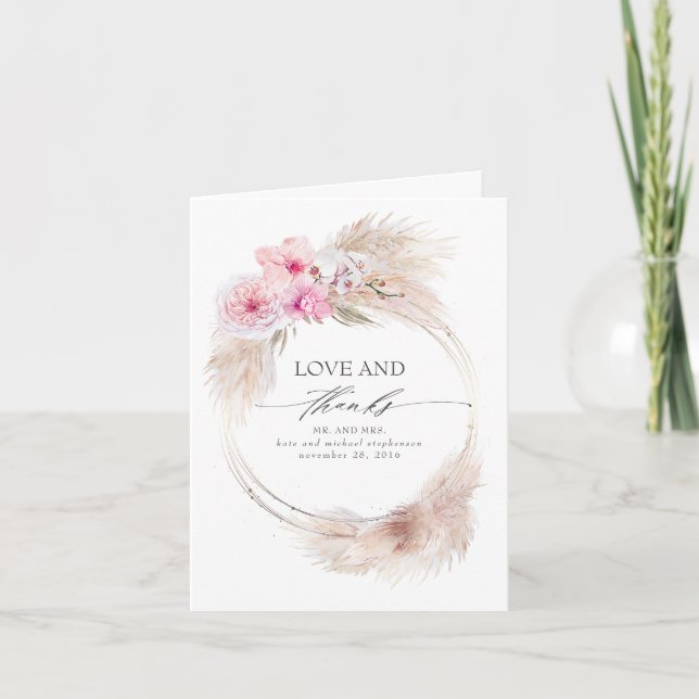 Pink Orchids Pampas Grass Wedding Vielen Dank Dankeskarte (Vorderseite)