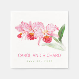 Pink Orchids Watercolor Name Date Wedding Serviette