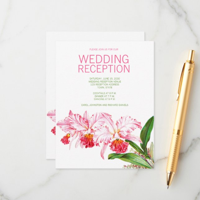 Pink Orchids Watercolor Wedding Reception Begleitkarte (Vorderseite/Rückseite Beispiel)