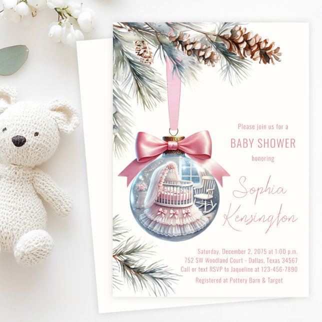 Pink Ornament Baby Dusche Einladung (Tree ornament baby shower invitation with glass ornament with baby girl pink nursery scene inside.)
