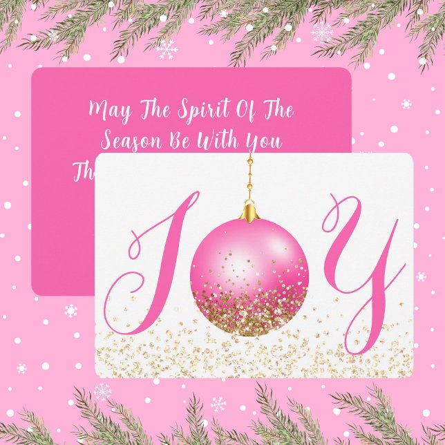 Pink Ornament Freude Weihnachten Gruß (Joy In Hot Pink and Gold Look Glitter Christmas Holiday Card)