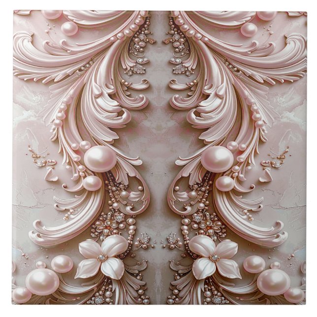 Pink Ornate Pearl and Floral Ceramic Tile Fliese (Vorderseite)