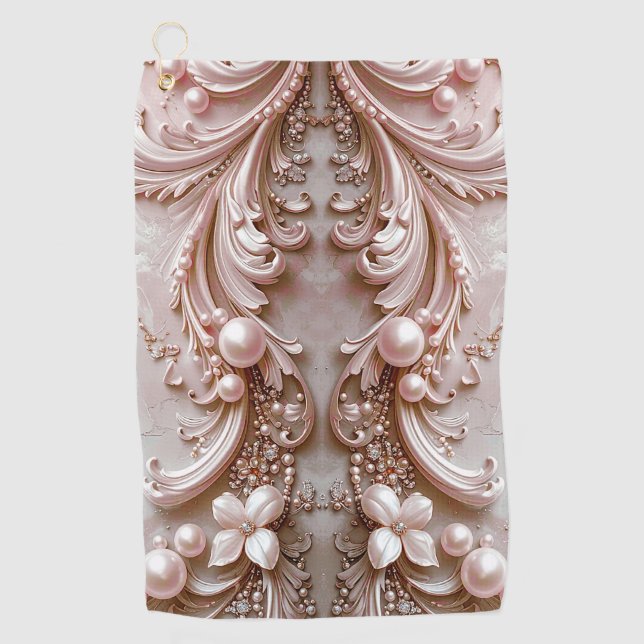 Pink Ornate Pearl and Floral Golf Towel Golfhandtuch (Vorderseite)