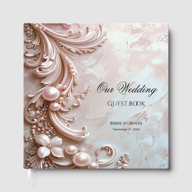 Pink Ornate Pearl and Floral Guest Book Gästebuch (Vorderseite)