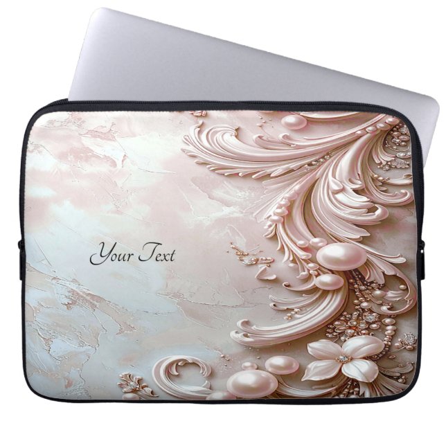 Pink Ornate Pearl and Floral Laptop Sleeve (Vorderseite)