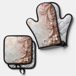 Pink Ornate Pearl and Floral Ofenhandschuh & Topflappen-Set