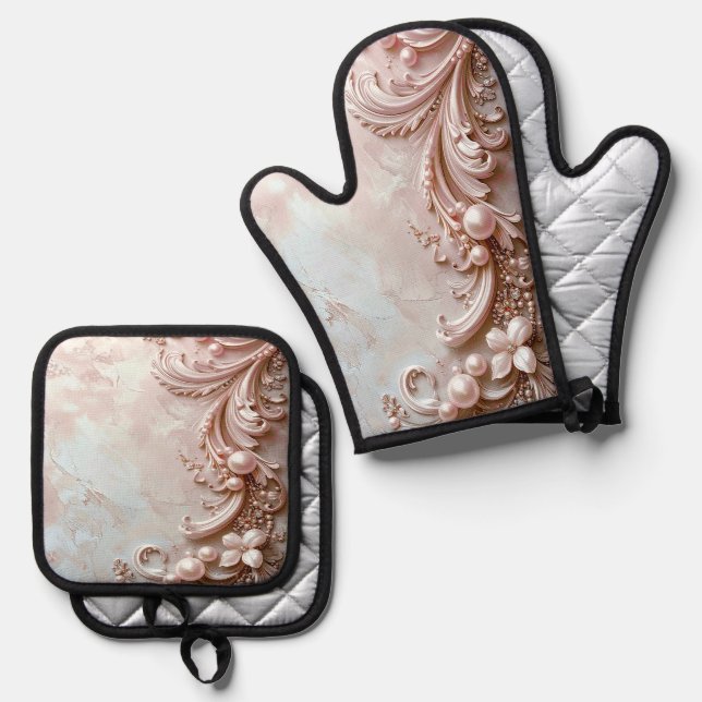 Pink Ornate Pearl and Floral Ofenhandschuh & Topflappen-Set (Vorderseite/Rückseite)