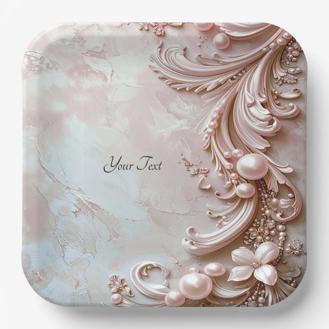 Pink Ornate Pearl and Floral Paper Plate Pappteller (Vorderseite)
