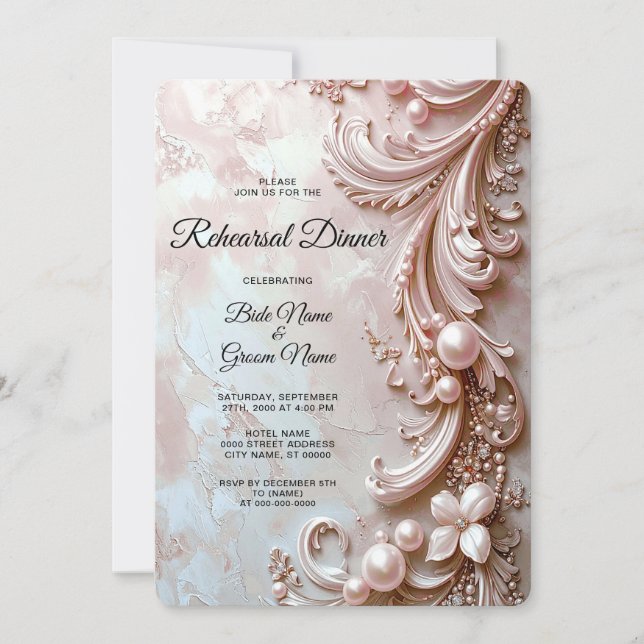 Pink Ornate Pearl and Floral Rehearsal Dinner Einladung (Vorderseite)