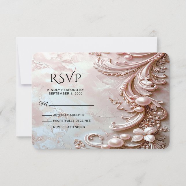 Pink Ornate Pearl and Floral RSVP Card (Vorderseite)