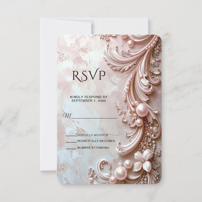 Pink Ornate Pearl and Floral RSVP Card Karte (Vorderseite)