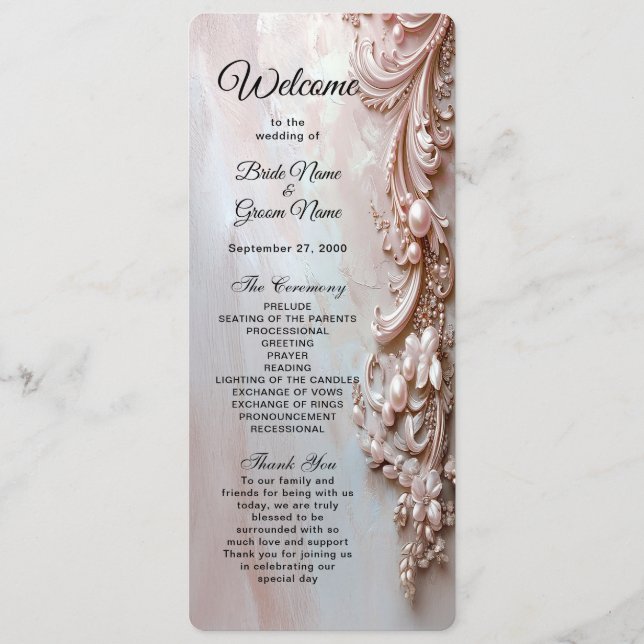 Pink Ornate Pearl and Floral Wedding Program Programm (Vorderseite)