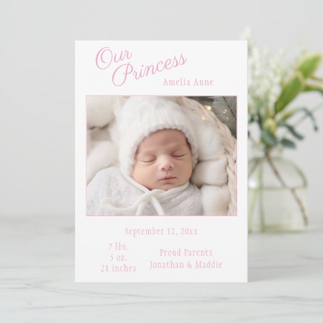 Pink Our Princess Photo Baby Faire-part de naissan (Debout devant)