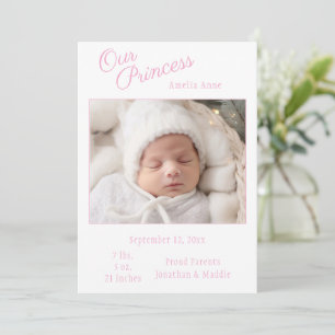 Pink Our Princess Photo Baby Faire-part de naissan