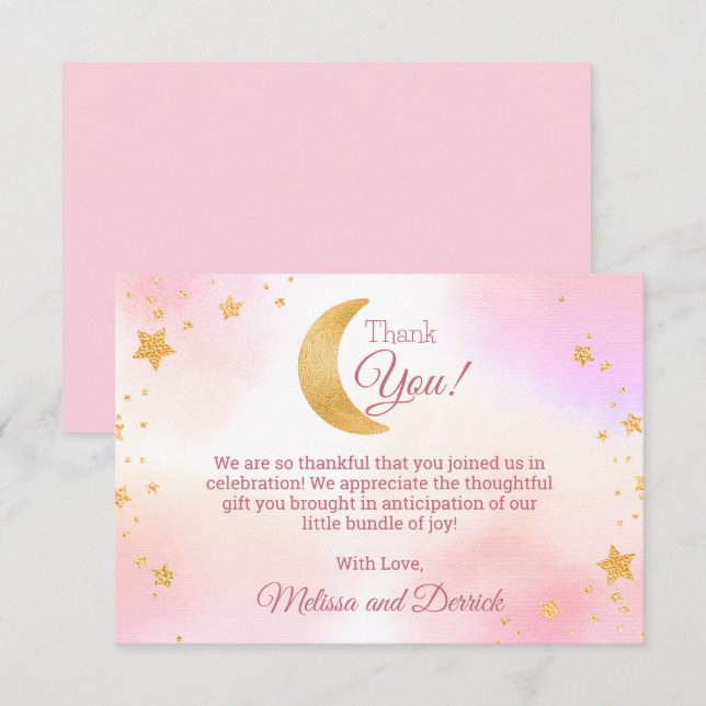 Pink Over the Moon Girl Babydusche Danke Karte (Vorne/Hinten)