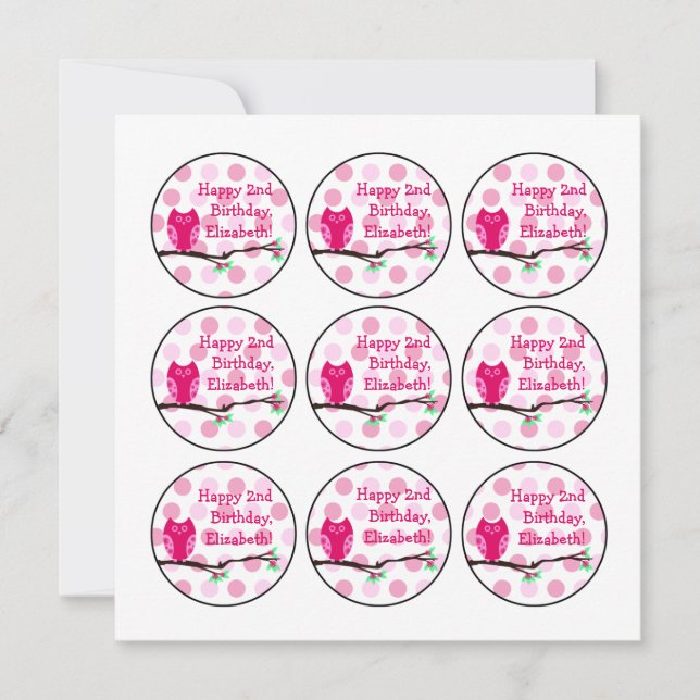 Pink Owl 2 Birthday Cupcake Toppers Einladung (Vorderseite)