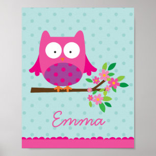 Pink Owl auf einem Ast Personalisiert Kinderzimmer Poster