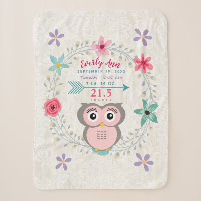 Pink Owl Baby Girl Stats Wasserfarbenkrez Sherpadecke (Vorderseite)